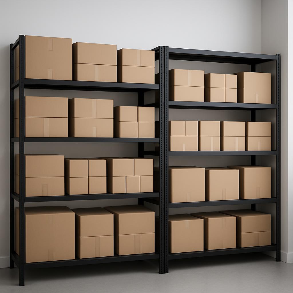 Two black shelving units are positioned in the right corner of a room, each holding 5 rows of cardboard boxes of various s...