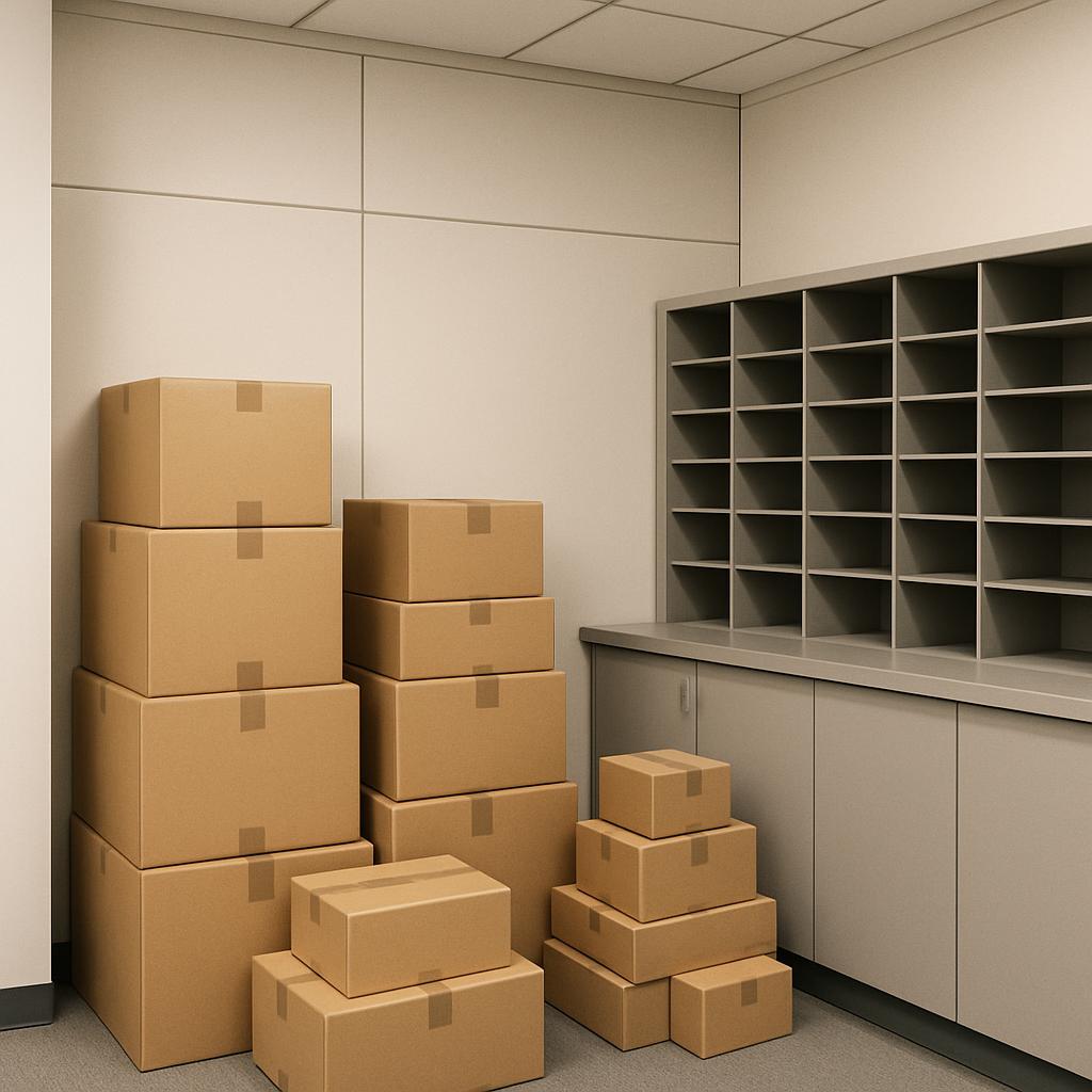 Blank room with stack of cardboard boxes and isolated office storage cubbies.
