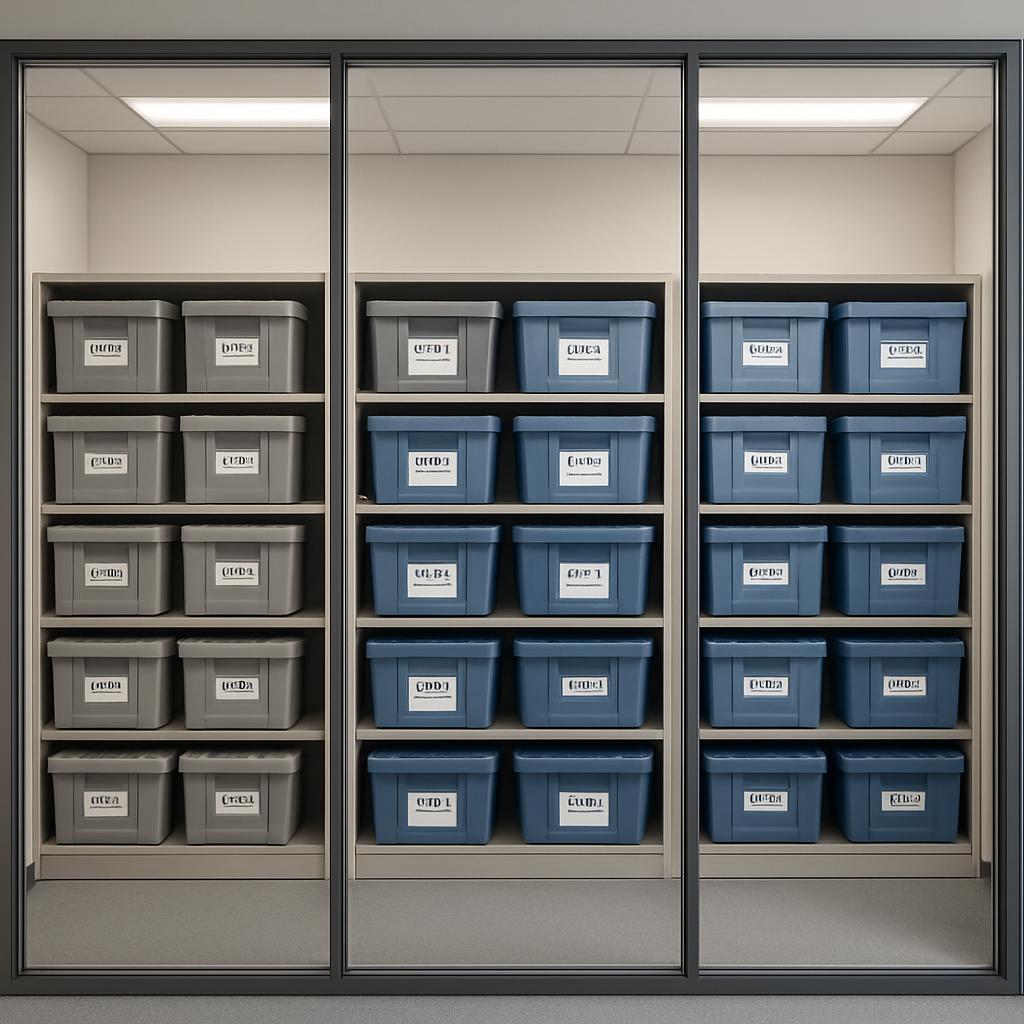 A storage room with rows of gray and blue plastic bins on shelves.