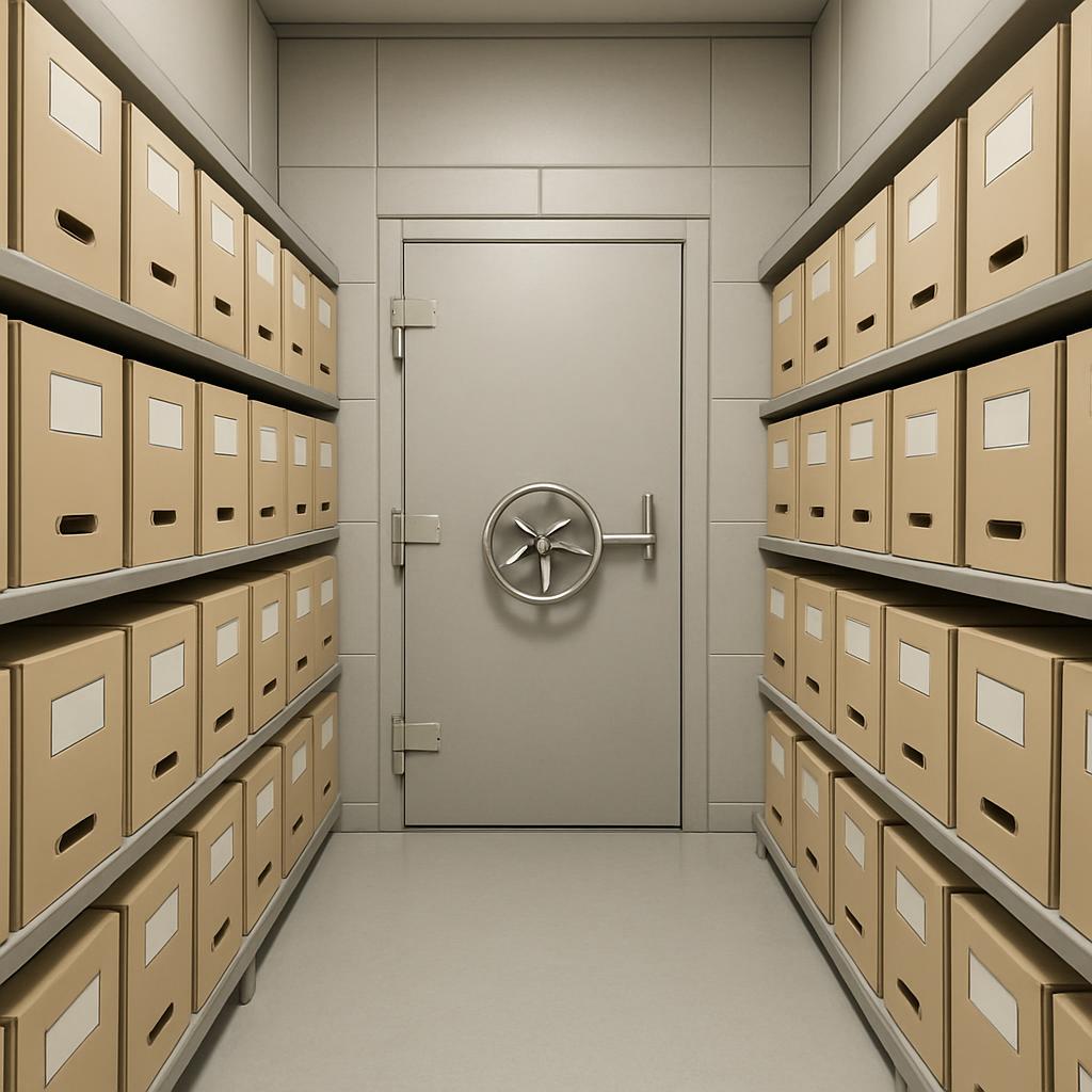 A wall safe with shelves full of Boxes.