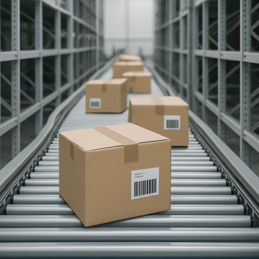Cardboard boxes on a conveyor belt.